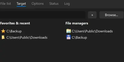 Teracopy: Target selection panel with favorite folders and file managers