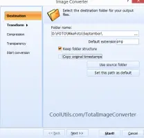 Total Image Converter: Destination settings for choosing the output folder and image format