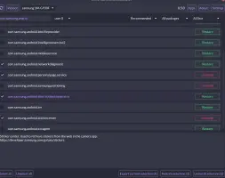 Universal Android Debloater GUI: Android package list with Restore and Uninstall controls