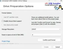 Universal USB Installer: Drive preparation options for filesystem, secure boot, and reserved space