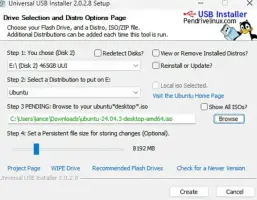 Universal USB Installer: Distribution selection, ISO path, persistence size, and USB creation controls