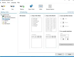 Uranium Backup: Backup scheduling options with weekday, monthly, and interval settings