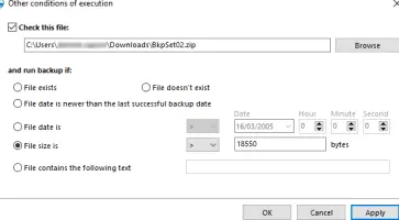 Uranium Backup: Execution conditions for running a backup based on file properties