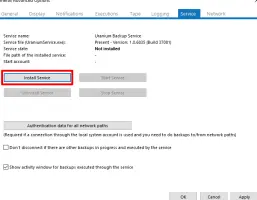 Uranium Backup: Service settings showing installation controls and backup activity options
