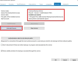 Uranium Backup: Installed backup service status and service management controls