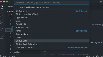 Selecting the GitHub Dark theme with a quick pick