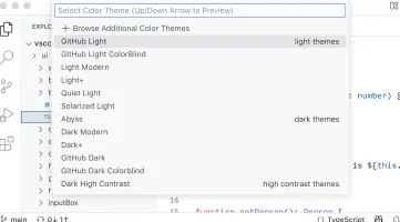 Selecting the GitHub Dark theme with a quick pick
