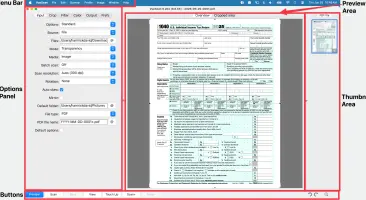 VueScan Screenshot with panels highlighted