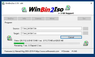 WinBin2Iso: WinBin2Iso converting a BIN file to ISO with progress status