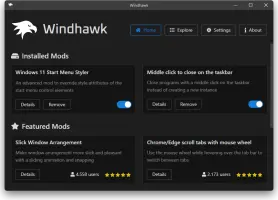 Windhawk: Windhawk home screen showing installed and featured mods