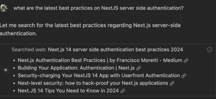Windsurf: Windsurf chat searching the web for Next.js authentication best practices