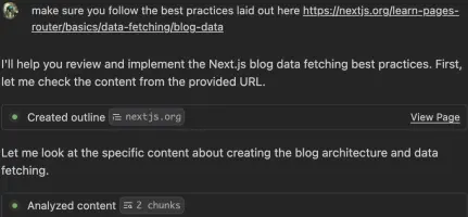 Windsurf: Windsurf chat reviewing Next.js data-fetching guidance and creating an outline