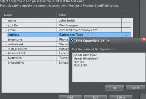 Xara Web Designer: SmartField values list with an Edit Smartfield Value dialog