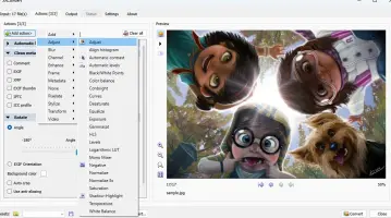 XnConvert: Image preview with the image-processing action menu open